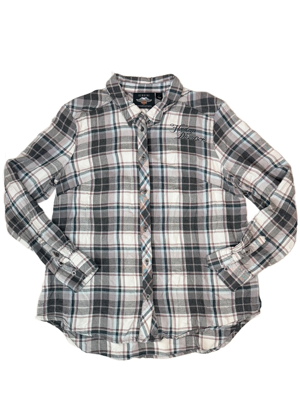 Harley Davidson Wms L fits Med Genuine Motorclothes Grey Plaid Button Down Shirt